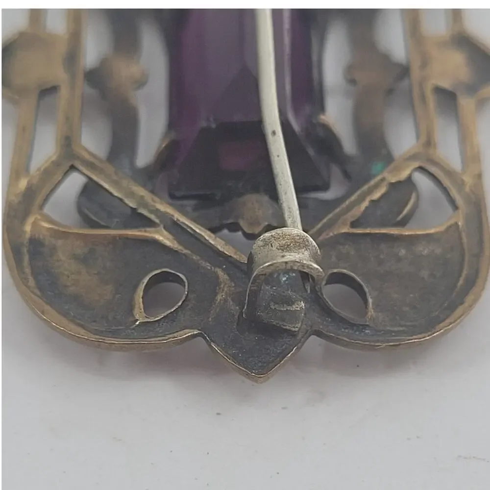 Antique Art Nouveau Brass Amethyst Glass Sash Brooch Victorian Romantic Jewelry